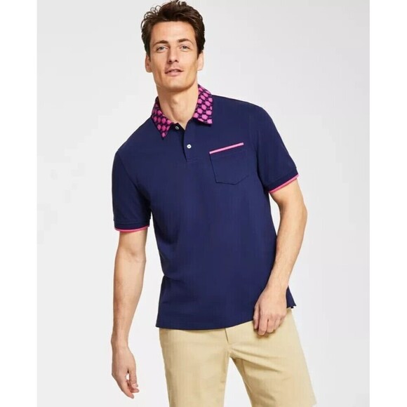 Club Room Men's Polo Shirt Checker Collar Chest Pocket Short Sleeve Cotton Blend - Picture 1 of 10